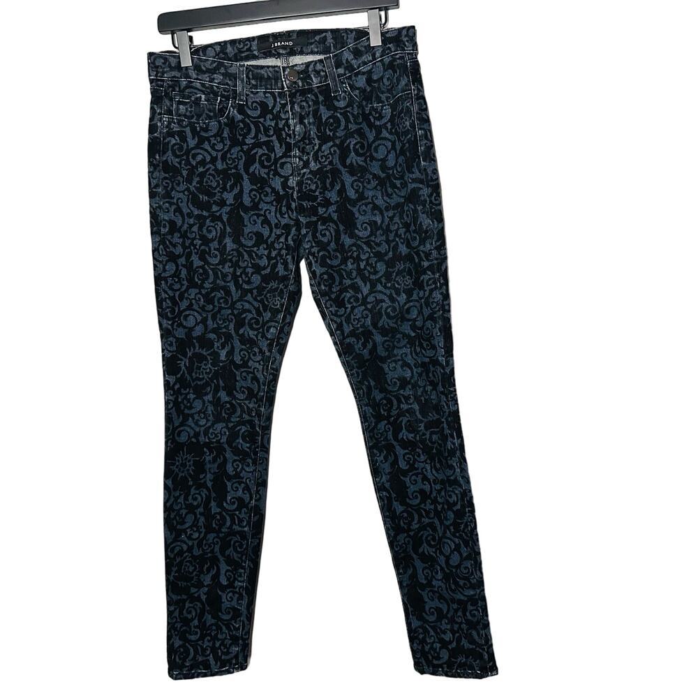 J BRAND Women's Black & Blue Brocad Floral Design Skinny Leg Denim Jeans Size 29